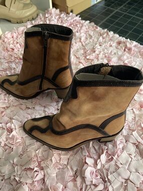 Free People Two-Tone Tan and Dark Brown Suede Western Ankle Boots